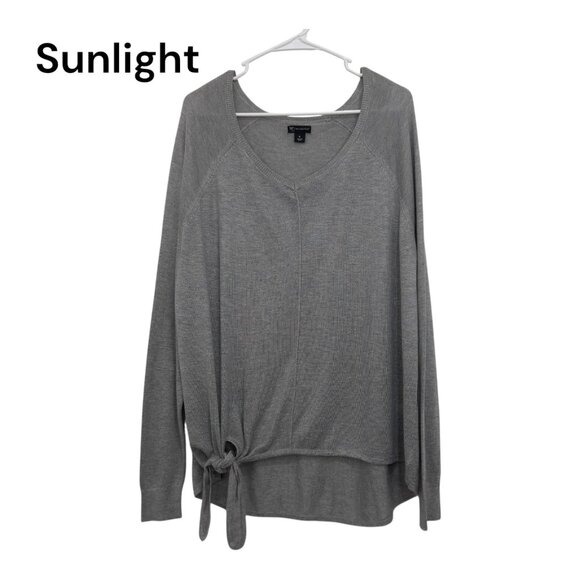 New Directions Womens Gray Tie-Front V-Neck Sweater XL Lightweight Long Sleeve - Picture 1 of 11